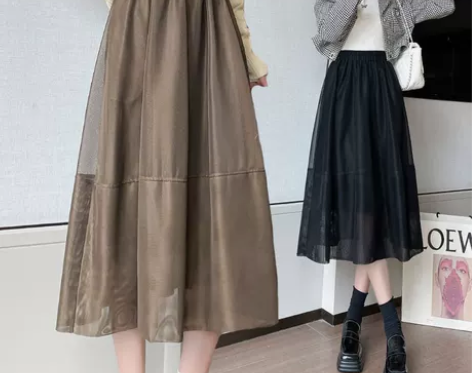 欧根纱半身裙女春秋2022新款韩版高腰中长...