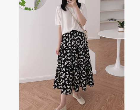 夏季沙滩度假风爱心碎花雪纺半身裙松紧腰宽松...