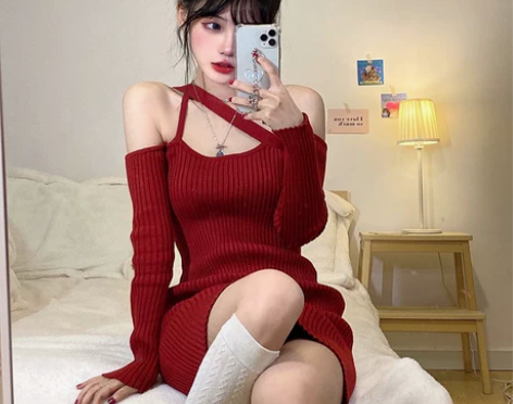 性感针织连衣裙红色女装春季新款性感露肩辣妹...