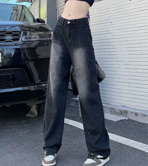 黑色复古水洗高腰牛仔裤女宽松直筒秋季新款拖...