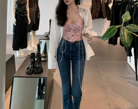 THESVN复古深蓝色微喇牛仔裤女夏季薄款...