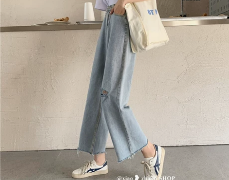 破洞阔腿牛仔裤女夏季2022年新款高腰宽松...