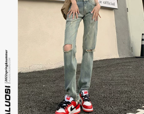 欧美式辣妹破洞牛仔裤女设计感高街小众潮in...