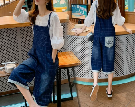 2022夏装新款潮休闲格子牛仔背带裤女宽松...