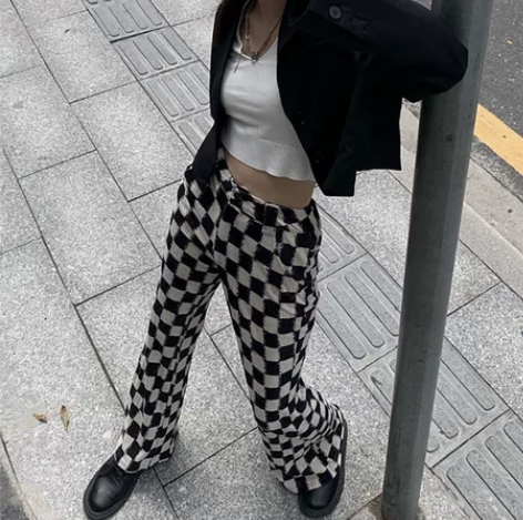 搬家清理闲置矮小个子棋盘格微喇叭裤子女秋冬...