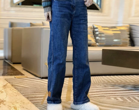贴标加绒阔腿牛仔裤女欧洲站冬装2021新款...