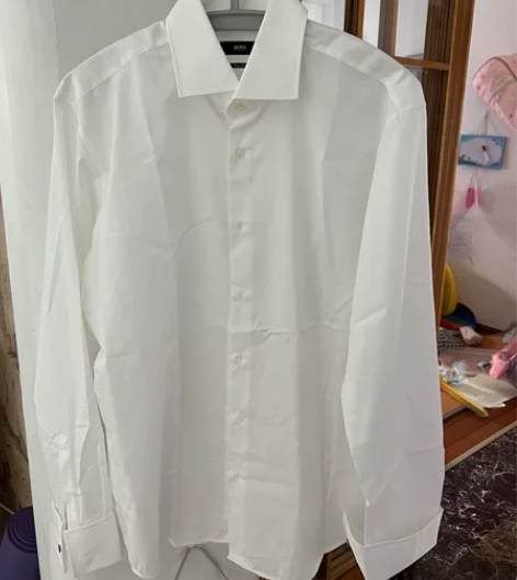 43码BOSS男纯棉长袖正装袖扣衬衫白色,...