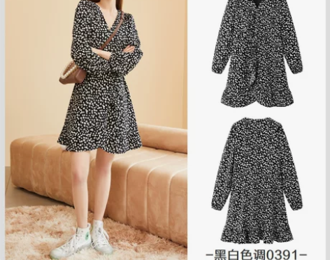 森马连衣裙女泡泡袖复古秋季新款垂感荷叶边雪...