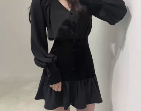 韩国chic秋季优雅气质V领单排扣丝绒拼接...