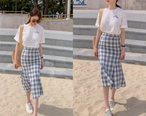 韩国夏季小清新蓝色格子包臀半身裙女高腰显瘦...