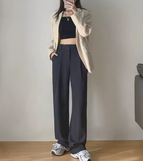高腰垂感阔腿裤女春秋宽松休闲拖地裤小个子设...