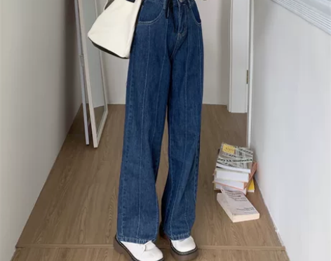 抽绳设计感条纹牛仔裤女2021年新款春秋高...
