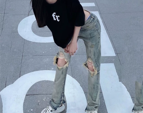 破洞牛仔裤子女春秋新款国潮情侣款直筒欧美式...