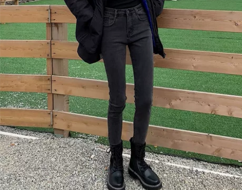 高腰烟灰色牛仔裤女九分紧身显瘦秋冬大码胖m...