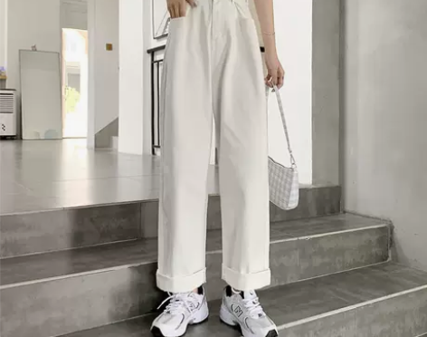 2022年新款春夏高腰显瘦白色牛仔裤女大码...