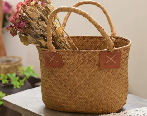 北欧草编花篮手提编织篮子 ins家居创意藤...