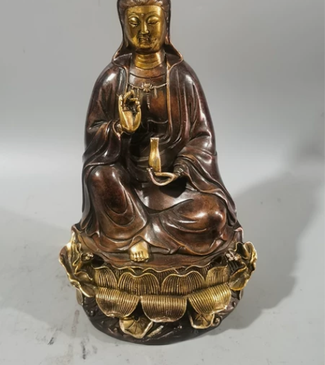紫铜鎏金观音菩萨佛像观世音坐莲铜像摆件工艺...