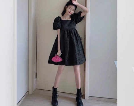 法式方领蓬蓬裙连衣裙女夏公主裙提花露背泡泡...