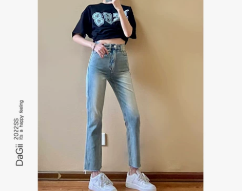 黄泥染色直筒牛仔裤女潮2022年新款夏季高...