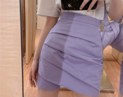 【38活动价】不规则紫色半身裙女a字高腰褶...