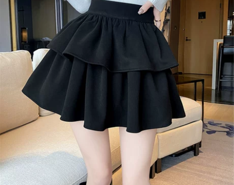 黑色蓬蓬半身裙女秋冬高腰显瘦毛呢蛋糕裙防走...