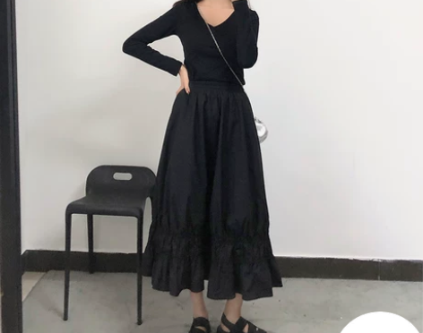 中长款半身裙休闲宽松ins花苞裙抽褶纯色百...