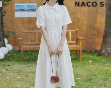 法式风琴褶连衣裙女短袖2022夏季小个子白...