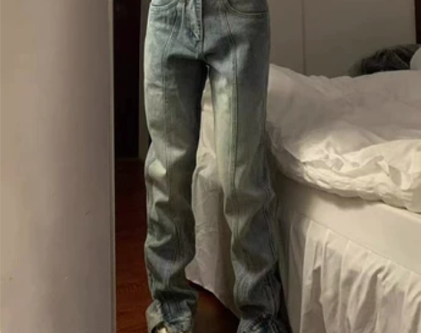 设计感开叉分割裤脚调节牛仔裤男女高街vib...