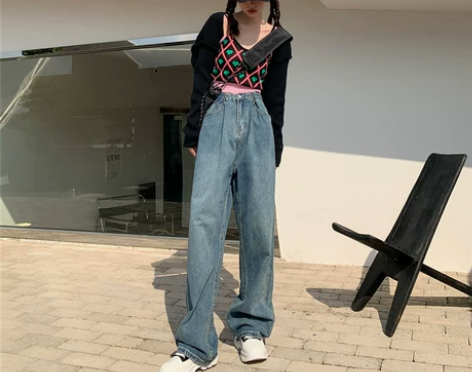 【乐活价】温姗高腰直筒牛仔裤女2022春夏...