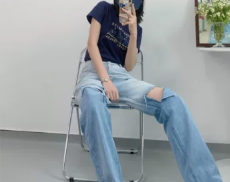 破洞牛仔裤女2021年早春胖mm新款高腰宽...