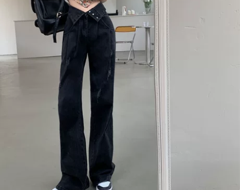 美式复古ins高街水洗黑色牛仔裤女设计感宽...