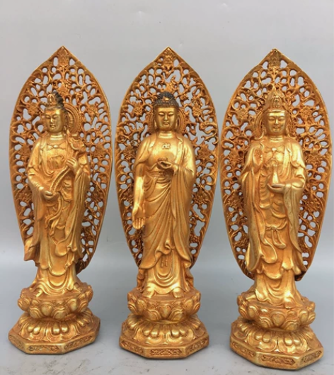 铜鎏金西方三圣佛像，工艺精美，造型独特，包...