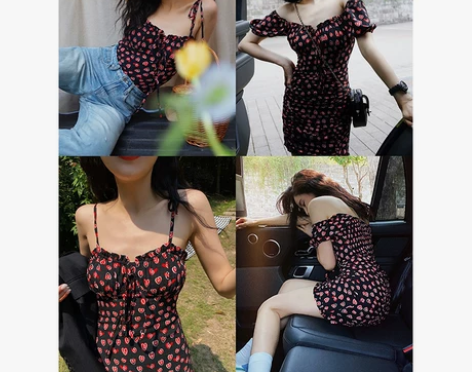 阿茱法式连衣裙女夏设计感爱心印花收腰小个子...