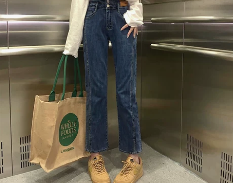 加绒直筒牛仔裤女秋冬小个子开叉弹力大码高腰...