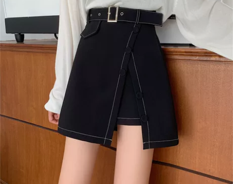 大码显瘦高腰明线a字裙短裙开叉性感腰带包臀...