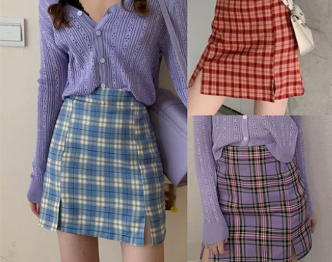 格子半身裙大码高腰ins包臀一步裙夏季胖M...