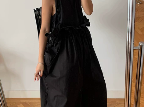 PFF GIRL黑色大廓形花边腰无袖阔腿连...