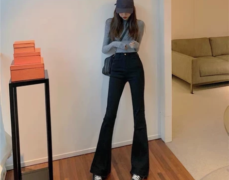 显高微喇阔腿黑色牛仔裤女长裤2022春秋新...