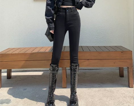 【狂欢价】黑灰色小脚牛仔裤女高腰2022年...