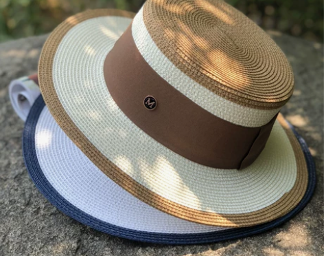 拼色平顶草帽女夏天逛街出游防晒遮阳帽子英伦...