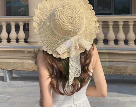 草帽女小清新日系百搭蕾丝绑带蝴蝶结帽子女夏...