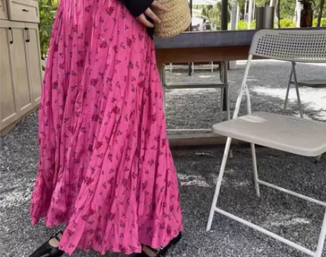 欧洲站碎花半身裙女2022春夏高腰中长裙百...