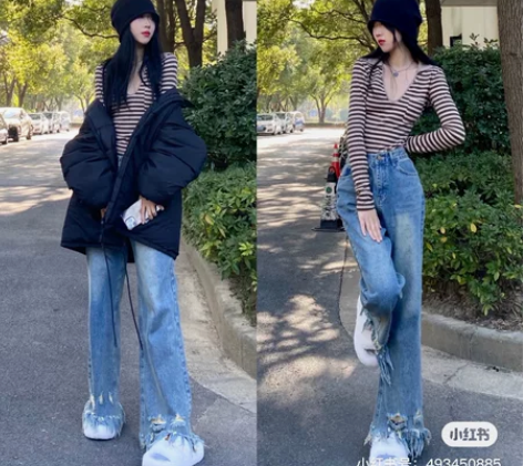 诶嘿牛仔裤港味复古破洞毛边牛仔裤女2022...