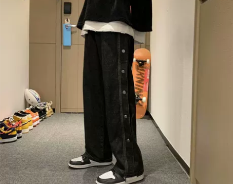 排扣牛仔裤女高腰阔腿宽松直筒chic港味胖...