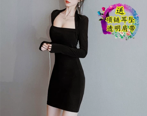 纯欲风小黑裙法式气质性感抹胸方领长袖连衣裙...