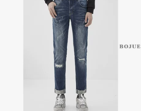 【年货价】破洞磨破水洗做旧蓝色直筒牛仔裤男...