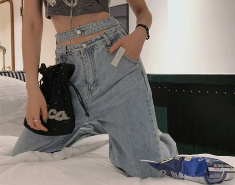 周小熊高腰阔腿复古牛仔裤女夏季设计感裤头宽...
