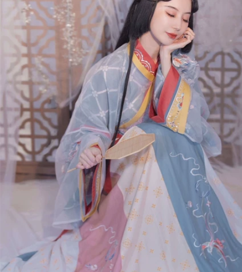 钟灵记朱颜:交领刺绣上襦晋制齐腰交窬襦裙女...