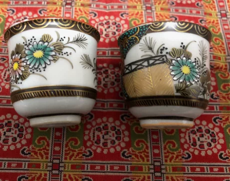 九谷烧一对老杯子，花卉画片，无磕无冲，标价...