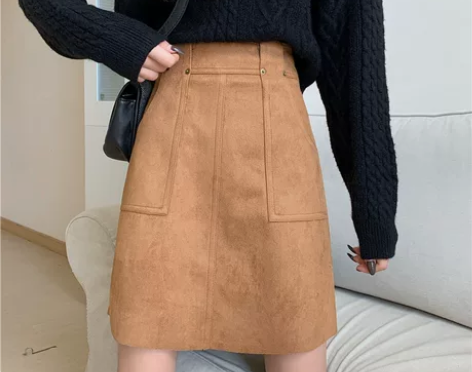 鹿皮绒a字裙中裙女秋冬新款胖mm高腰显瘦半...